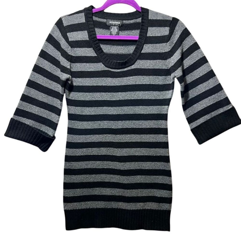 Alyn Paige Black‎ Gray Striped Knit Sweater Dress 3/4 Sleeve Scoop Neck Size S